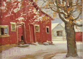 Winter, Old Oak and Red Barn