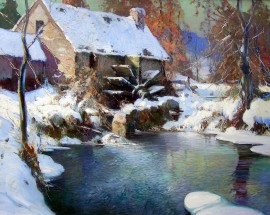 Tranquil Winter Pool With Mill