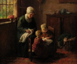 Mother Sewing with Children