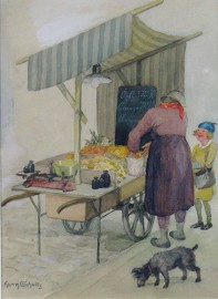 Market Stand with Figures and Dog