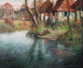 Summer Stream with Woman at Bank